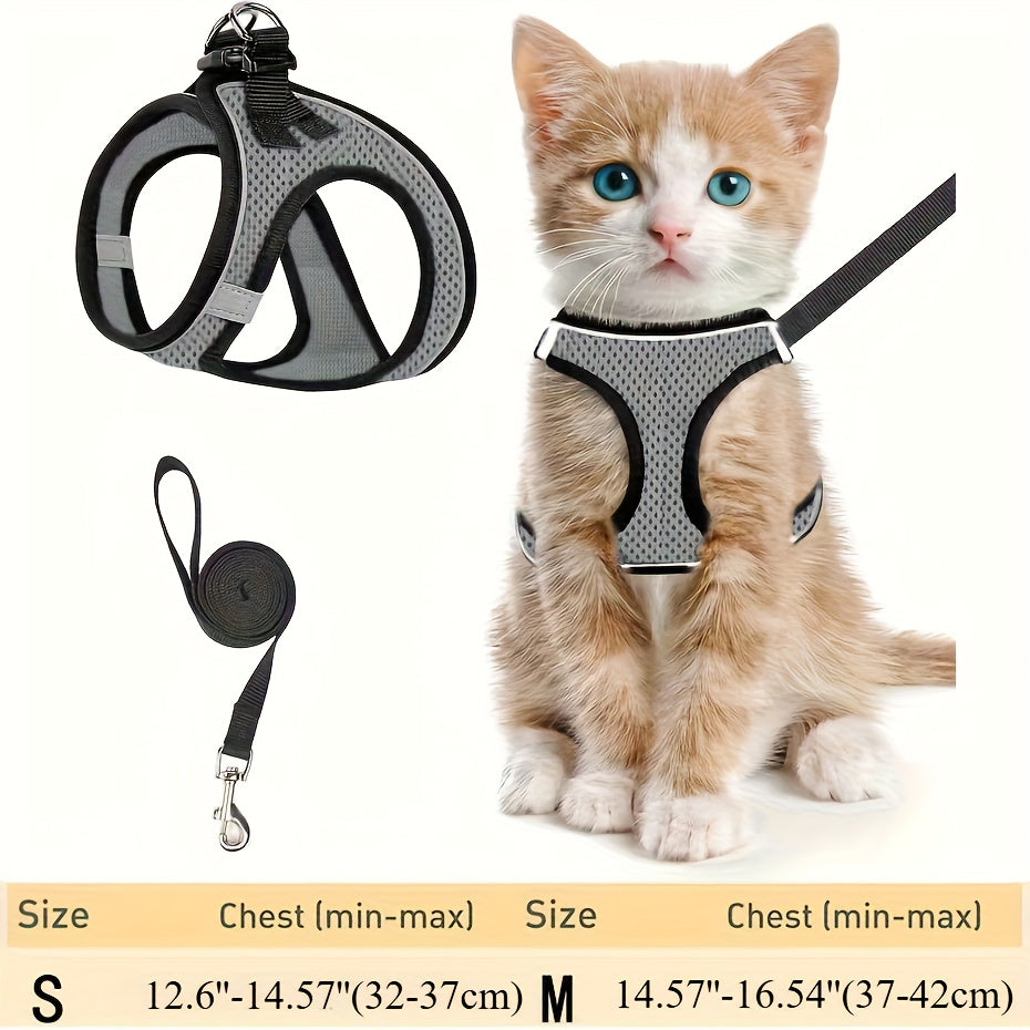 Escape Proof Cat Harness and Leash Set for Walking - Adjustable Reflective Soft Mesh Vest for Cats Kittens Small Dogs S M Black Grey Comfortable Outdoor Adventure Pet Gift