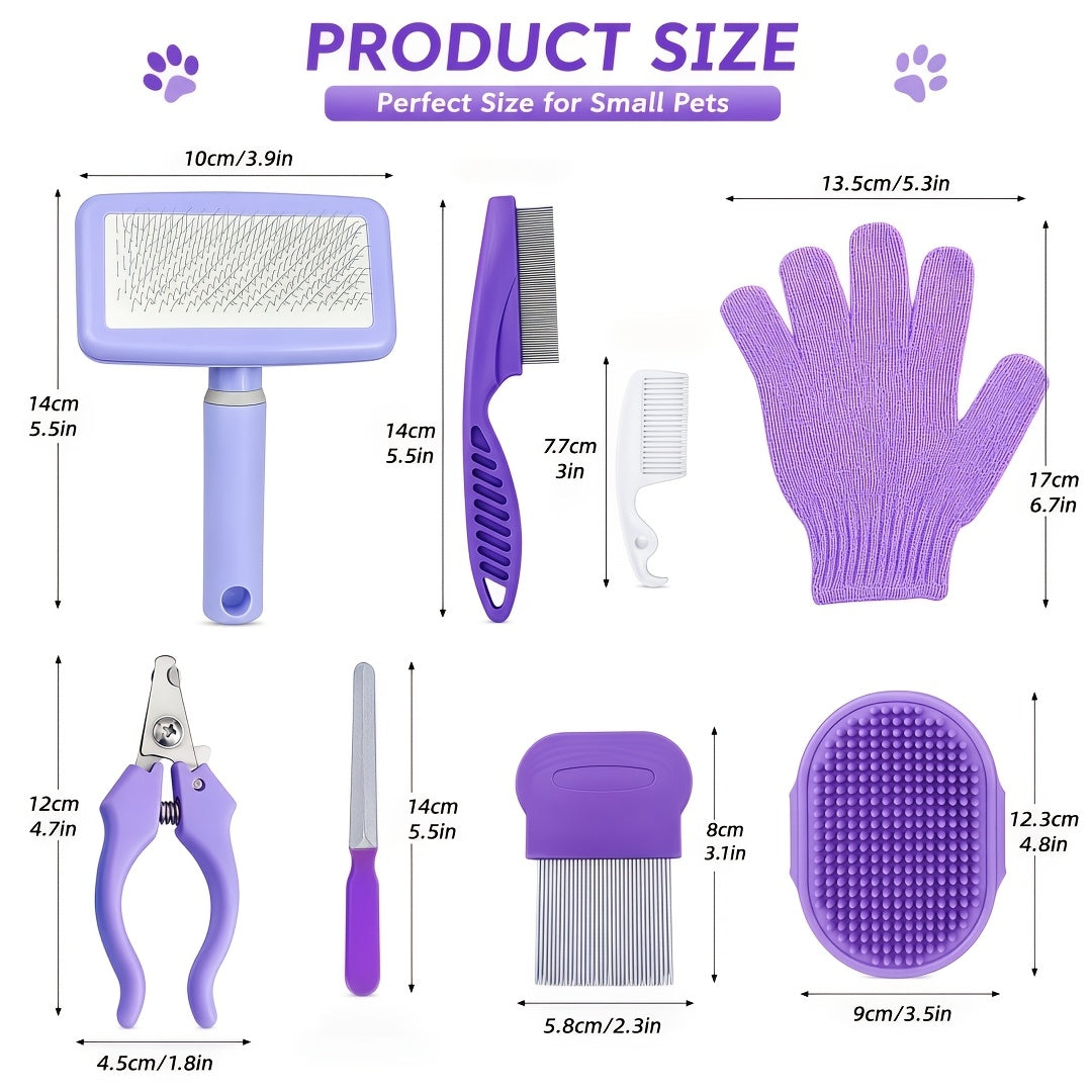 8-Piece Pet Grooming Comb Set for Dogs, Cats & Small Animals - Complete Long & Short Hair Care Kit, Multi-Function Grooming Combs for All Coat Types, Home Grooming Essential (Purple)