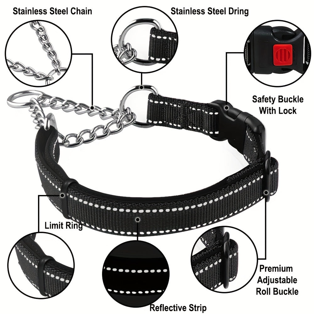 Martingale Dog Collar with Stainless Steel Chain – Heavy-Duty Soft Padded Reflective Training Collar with Quick-Release Buckle for Small, Medium & Large Dogs, 5 Colors