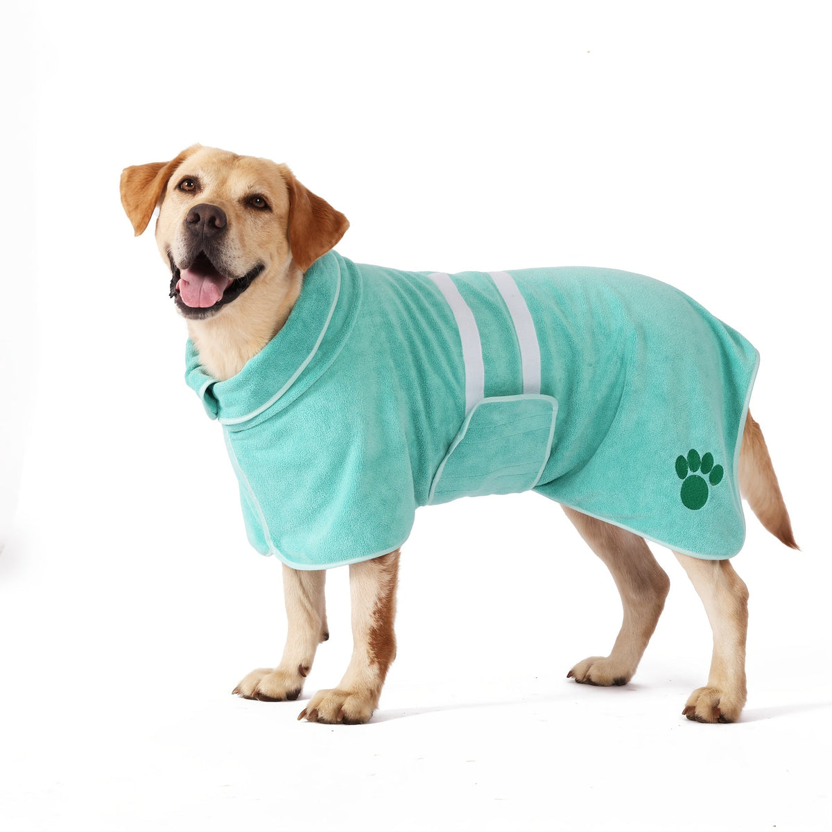 Quick-Drying Dog Bathrobe with Paw Print Embroidery – Super Absorbent Pet Towel Robe with Adjustable Belly Band, Ultra-Soft Microfiber, Sizes XS–3XL, 5 Colors for Dogs After Bath & Grooming