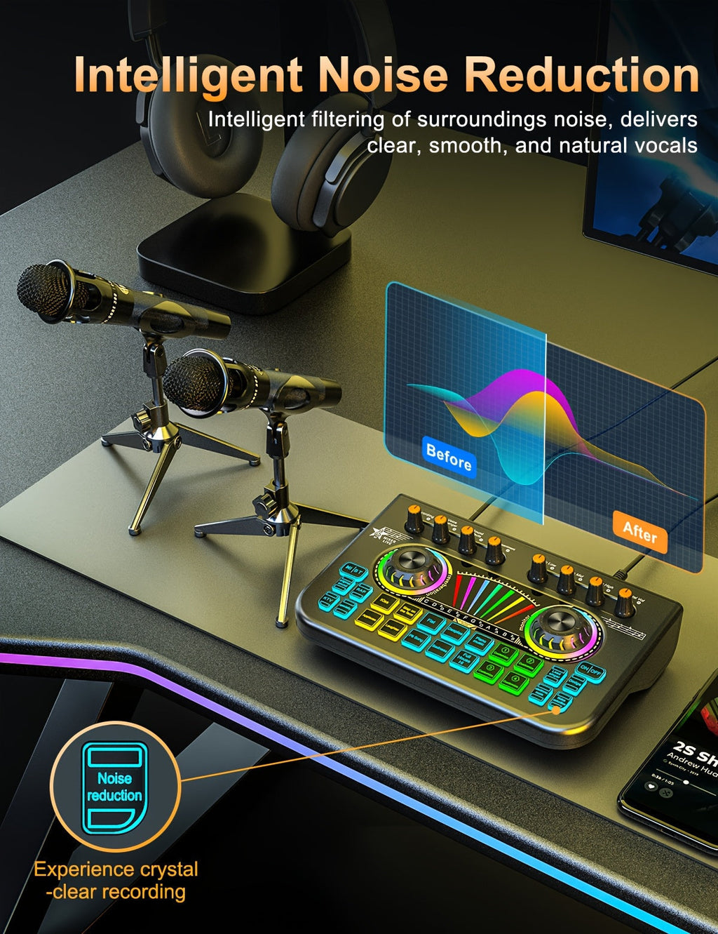 Microphone Mixer Bundle Kit for Podcast Recording Studio – Audio Mixer with Mic Stand, Sound Card, Streaming & Karaoke Setup for PC Phone Gaming