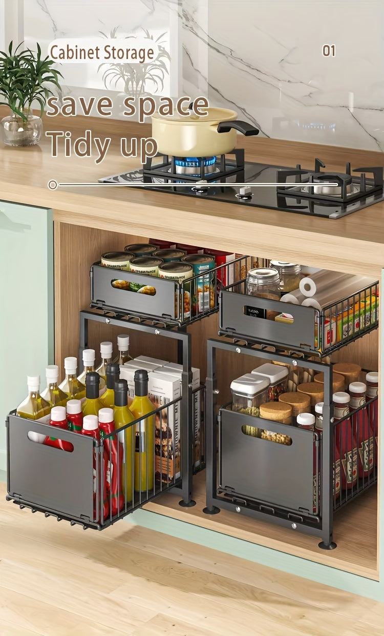 Under Sink Organizer 2-Tier Pull-Out Cabinet Shelf with Adjustable Height, Sturdy Carbon Steel Kitchen Storage Rack, Space-Saving Bathroom & Pantry Cabinet Organizer for Kitchen Organization