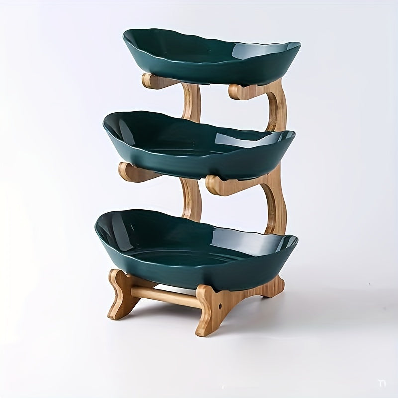 2-3 Tier Fruit Bowl Stand for Kitchen Counter – Tiered Fruit Basket with Bread Tray & Candy Display, Space-Saving Countertop Organizer for Living Room, Easy Assembly, Great Birthday & Mother's Day Gift (White/Green)