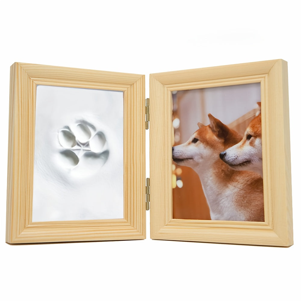 Pet Paw Print Photo Frame with Clay Impression Kit - Foldable Desktop Memorial Frame for Dogs & Cats, Personalized Pet Keepsake Gift for First Anniversary & Pet Loss Tribute (White/Black/Wood)