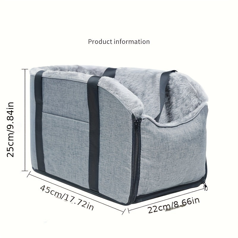 Pet Car Center Console Armrest Bed & Nest - Removable Dog Cat Car Bed with Detachable Handbag, All-Season Small Pet Carrier for Car Console, Grey & Black, Cozy Travel Companion
