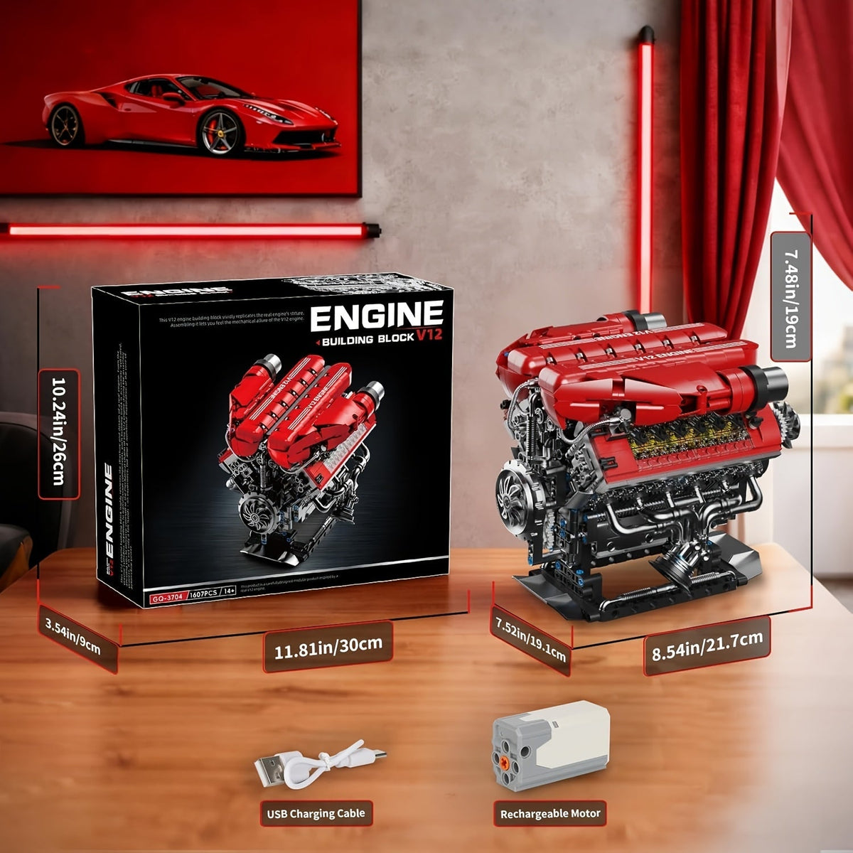 1607pcs Motorized V12 Engine Model Kit with Rechargeable Motor – Sports Car Engine Assembly Set, STEM Mechanical Engineering Building Toy, Group Build Collectible, Holiday Birthday Gift for Adults & Teens