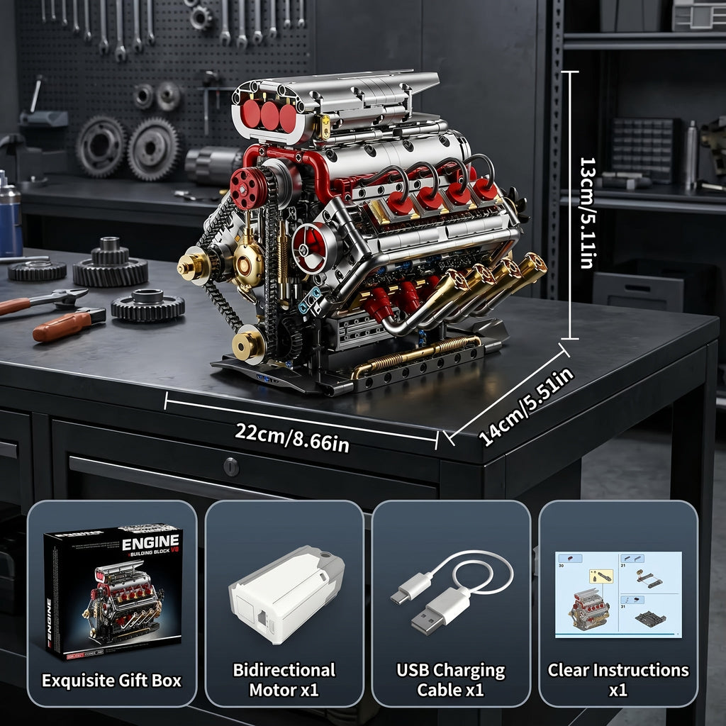V8 Engine Building Block Kit 1176pcs - Operable Car Engine Model with Rechargeable Motor, STEM DIY Assembly Set, Desktop Display Collectible | Hobby Gift for Mechanics & Engineering Enthusiasts