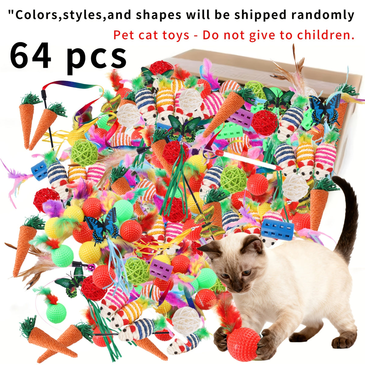 Mixed Cat Toy Set 16/32/64/200pcs - Assorted Interactive Plastic Feather & Polyester Toys for Cats, Random Colors & Styles, Bulk Cat Toys for Multiple Cats & Kittens, Daily Playtime Variety Pack
