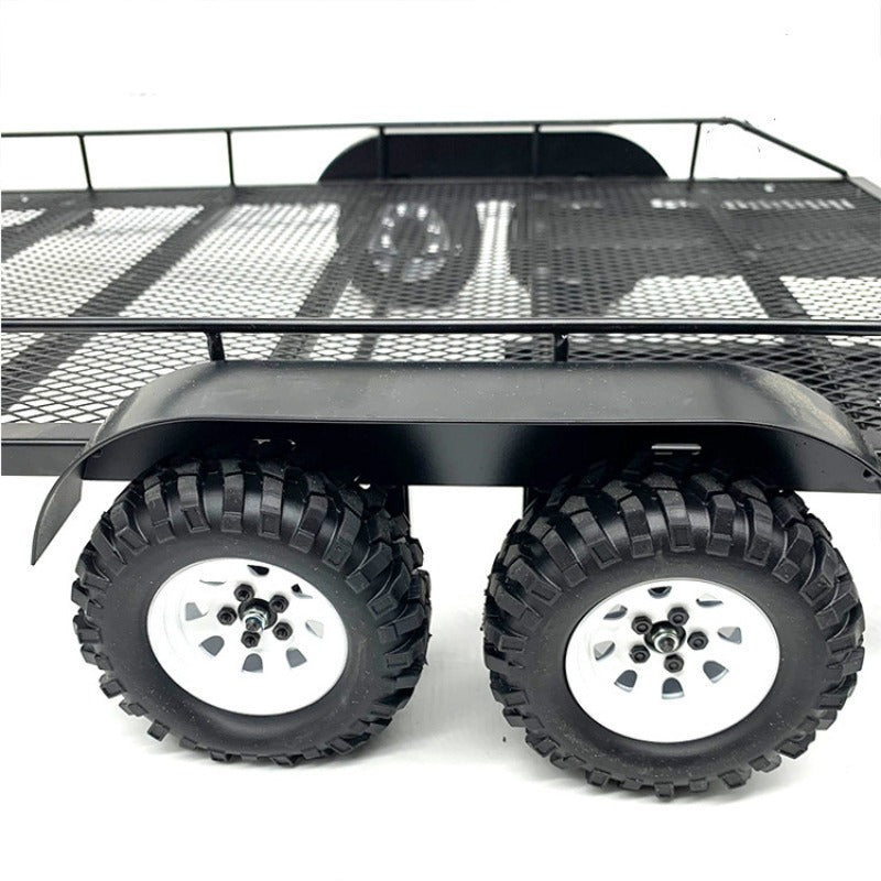 1/10 Scale Dual-Axle Metal Flatbed Trailer for RC Crawler – Compatible with TRX4 KM2 SCX10 RC4WD D90, 815mm Total Length, 50KG+ Load Capacity, Simulation RC Car Accessory