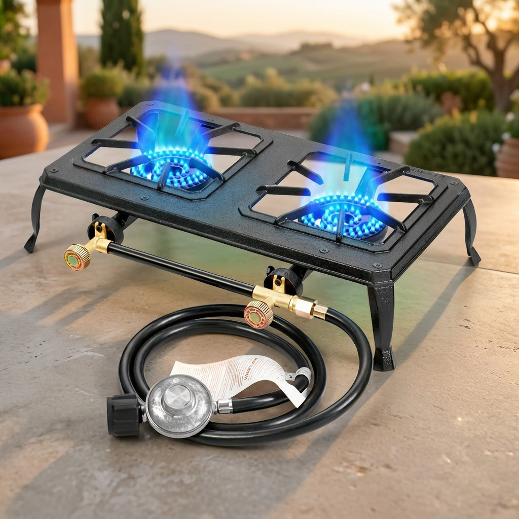 2-Burner Propane Camping Stove High BTU Outdoor Gas Cooker – CSA Listed, Regulator & Hose Included, Dishcloth Included – Ideal for Camping, Garden, BBQ, Gatherings & Outdoor Parties