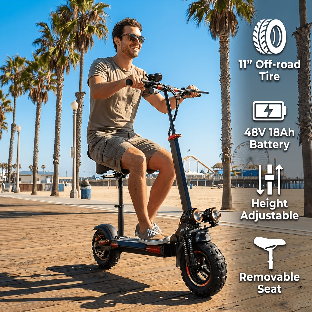 1200W 48V Electric Scooter with Seat – 11-Inch Tires, Full Suspension, Height Adjustable, Front Light, Taillight & Turn Signals – Long Range High Speed Commuter Scooter for Teens & Adults