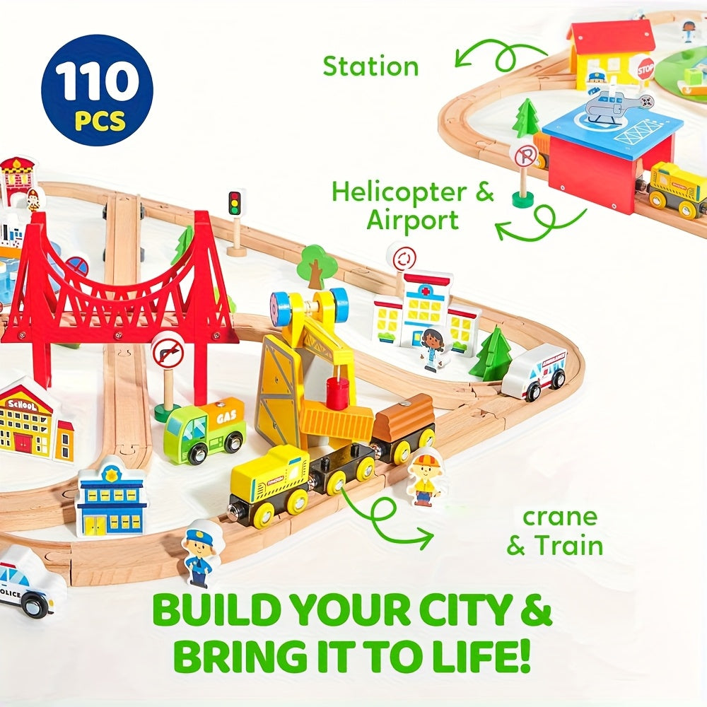 110-Piece Wooden Train Set for Kids – City Scene Railway with 6 Magnetic Trains, 5 Themed Vehicles, Helicopter, Ship & 7 City Themes – Compatible with All Major Brands – Best Birthday Christmas STEM Gift for Boys & Girls