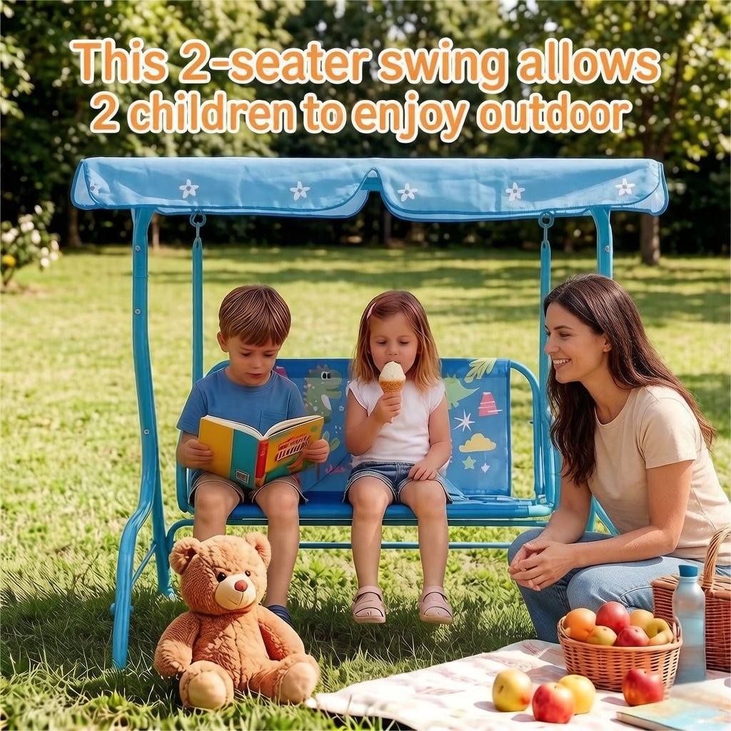 2-Seater Kids Outdoor Patio Swing Chair with Adjustable Sun Canopy Safety Belts Metal Stand Porch Swing Bench for Backyard Garden Balcony Ages 3+ 180 lbs Capacity