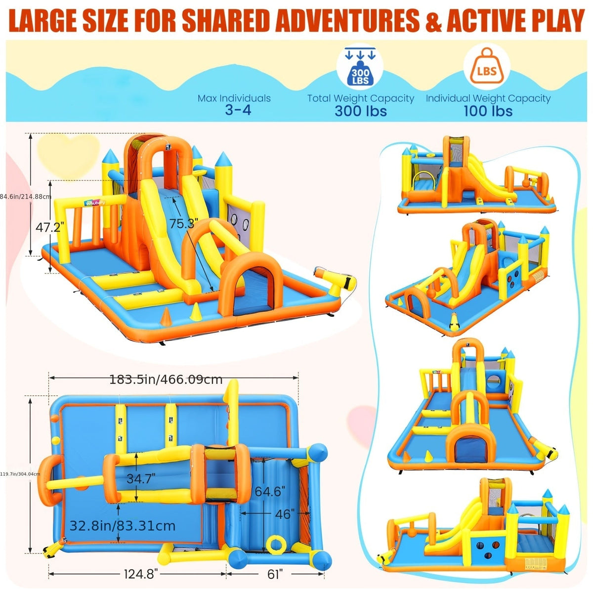 15ft Inflatable Water Park for Kids & Adults – Backyard Obstacle Course with Slide, Tunnel, Boxing, Water Gun, Sprinklers, Climbing Wall, Hoop & Ball Pit – Large Summer Splash Pool Party Fun