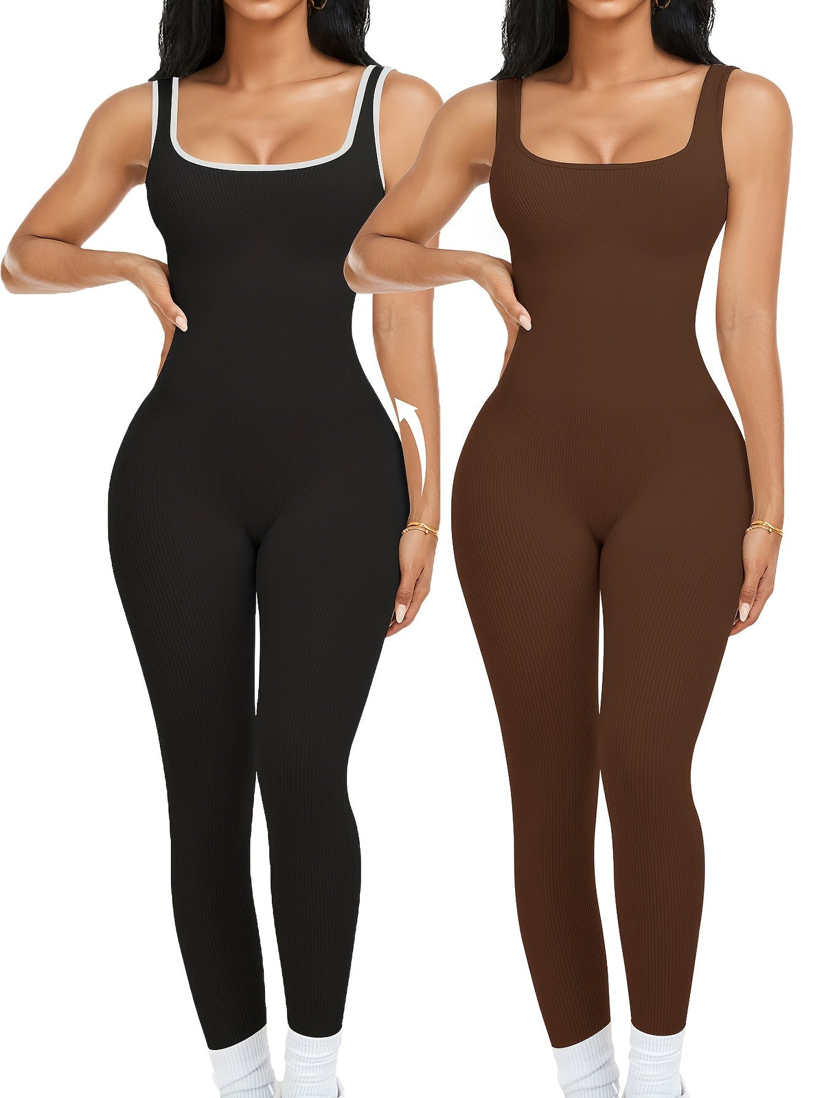 2-Pack Women's Sleeveless Square Neck Long Jumpsuit - 90% Nylon Thick Stretchy Impermeable Activewear Bodysuit for Yoga Pilates Running Fitness, Washable One-Piece Workout Suit Sizes S-XL