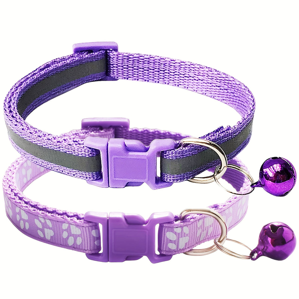 Reflective Pet Collar with Bell 2pcs Set - Adjustable Striped Polyester Cat & Dog Collar with Paw Print Design, Safety Breakaway Buckle, 10 Colors for Small Dogs and Cats, One Size