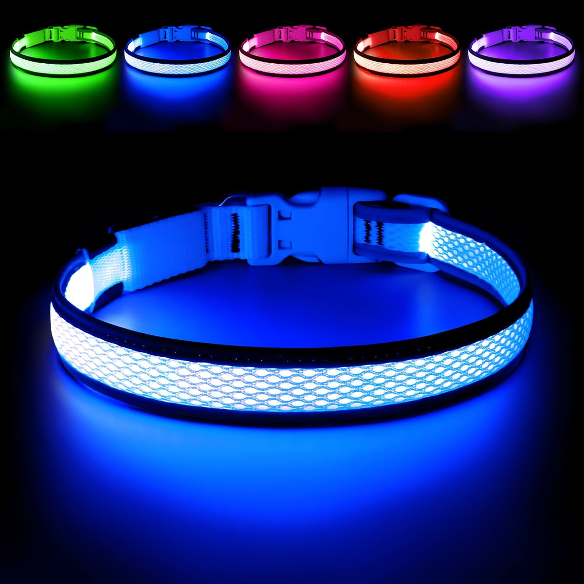 LED Dog Collar USB Rechargeable with 6 Color Lights - Adjustable Soft Mesh Safety Collar for Small Medium Large Dogs, Glowing Night Visibility Dog Collar for Nighttime Walking, Durable & Stylish