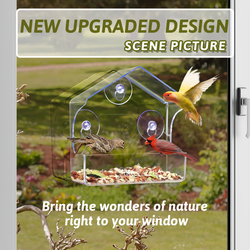 Window Bird Feeder Clear Plastic with Strong Suction Cups – Transparent Outside Bird Feeder for Close-Up Bird Watching, No Battery Needed, Durable Window Birdhouse for Wild Birds