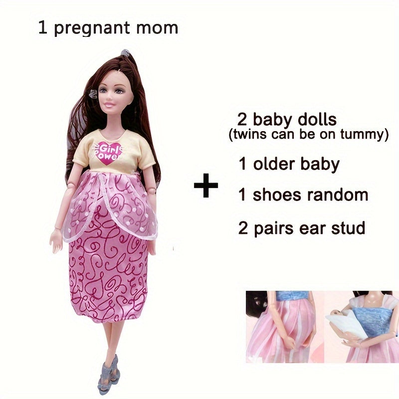 11.8 Inch Fashion Pregnant Doll with Movable Joints Mom Doll with 2 Baby Dolls Elder Doll Ear Studs Shoes Modern Dress Princess Doll Educational Toy for Girls Ages 3+