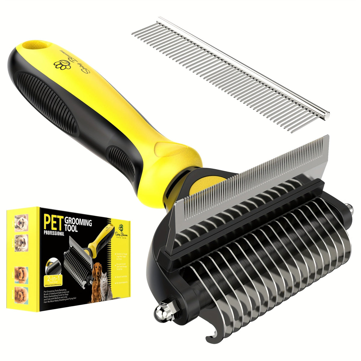 Double-Sided Pet Deshedding & Dematting Brush for Dogs & Cats - Undercoat Grooming Tool for Short to Long Hair, Gentle Shedding Brush Removes Loose Fur & Tangles, 2 Colors (Cyan/Yellow)