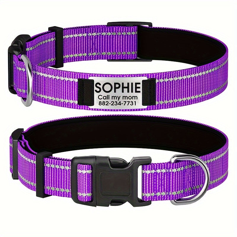 Customizable Reflective Dog Collar with Personalized Name Plate - Padded Nylon Comfort Fit, 12 Color Options, Engraved ID Tag Alternative for Small Medium & Large Dogs, Perfect Personalized Dog Gift for Dog Lovers