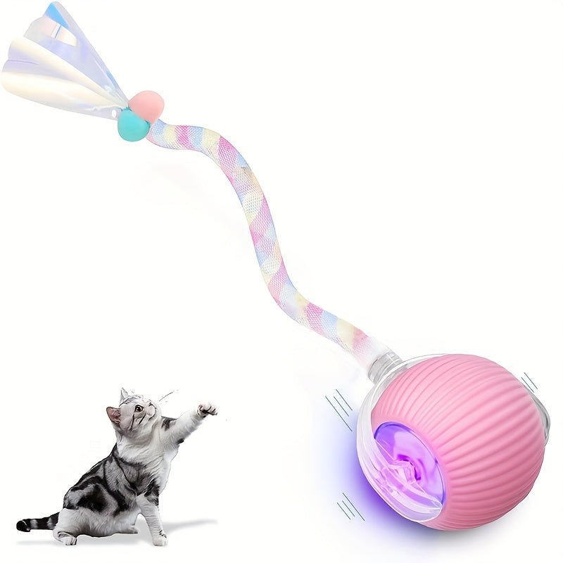 Interactive Cat Ball Toy with Elastic Net Tail, Automatic Moving Electric Ball Toy for Cats - Motion Activated, Obstacle Avoidance, Works on Floors Tiles Carpets, USB Rechargeable Smart Cat Toy