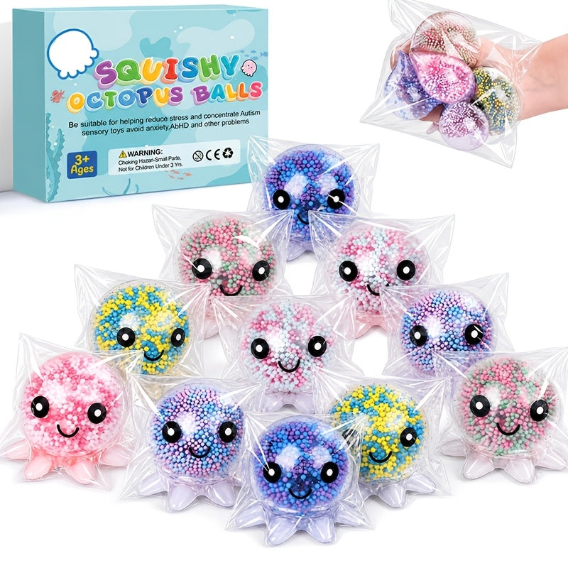 Cute Octopus Squishy Stress Relief Balls Colorful Bead Filled Sensory Squeeze Toys for Kids Adults Halloween Christmas Thanksgiving Stocking Stuffers Party Favors Random Colors 3 or 5 Pack