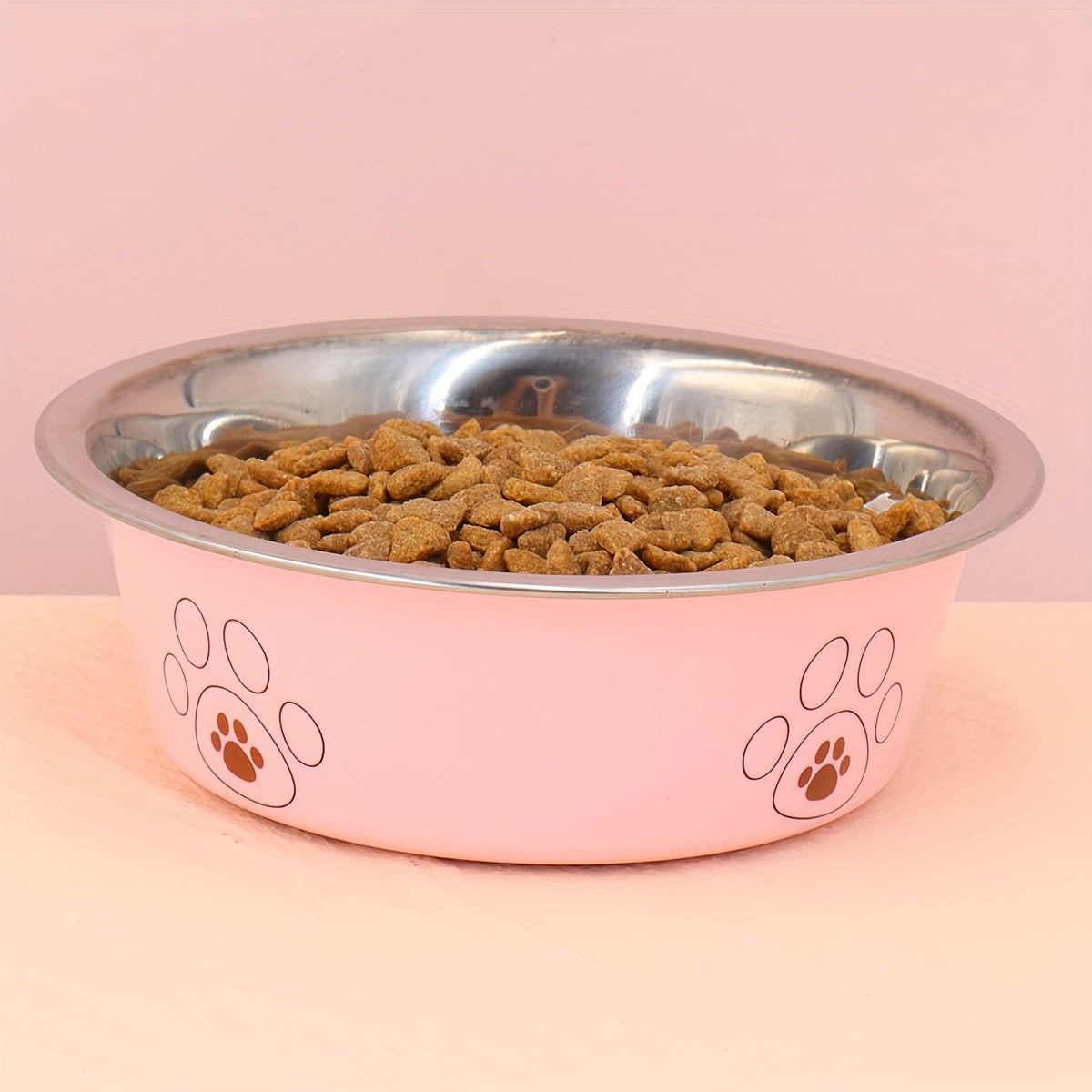 Stainless Steel Dog Bowl with Cute Footprint Pattern Durable Non-Slip Pet Food Water Bowl for Dogs Indoor Outdoor Use Sizes S M L XL Colors Beige Pink Blue