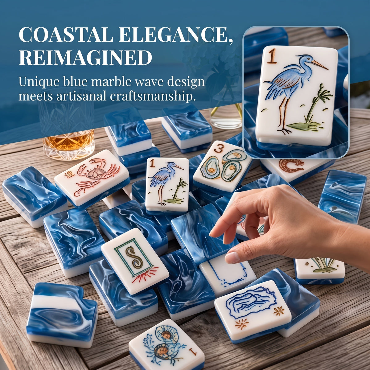 American Mahjong Set Ocean Marine Theme 166 Pieces with Carrying Case – Seashell Mermaid Turtle Whale Anchor Prints, White Tiles Bright Blue Back, Fun Beach Party Game for Ladies Night & Family Game Night