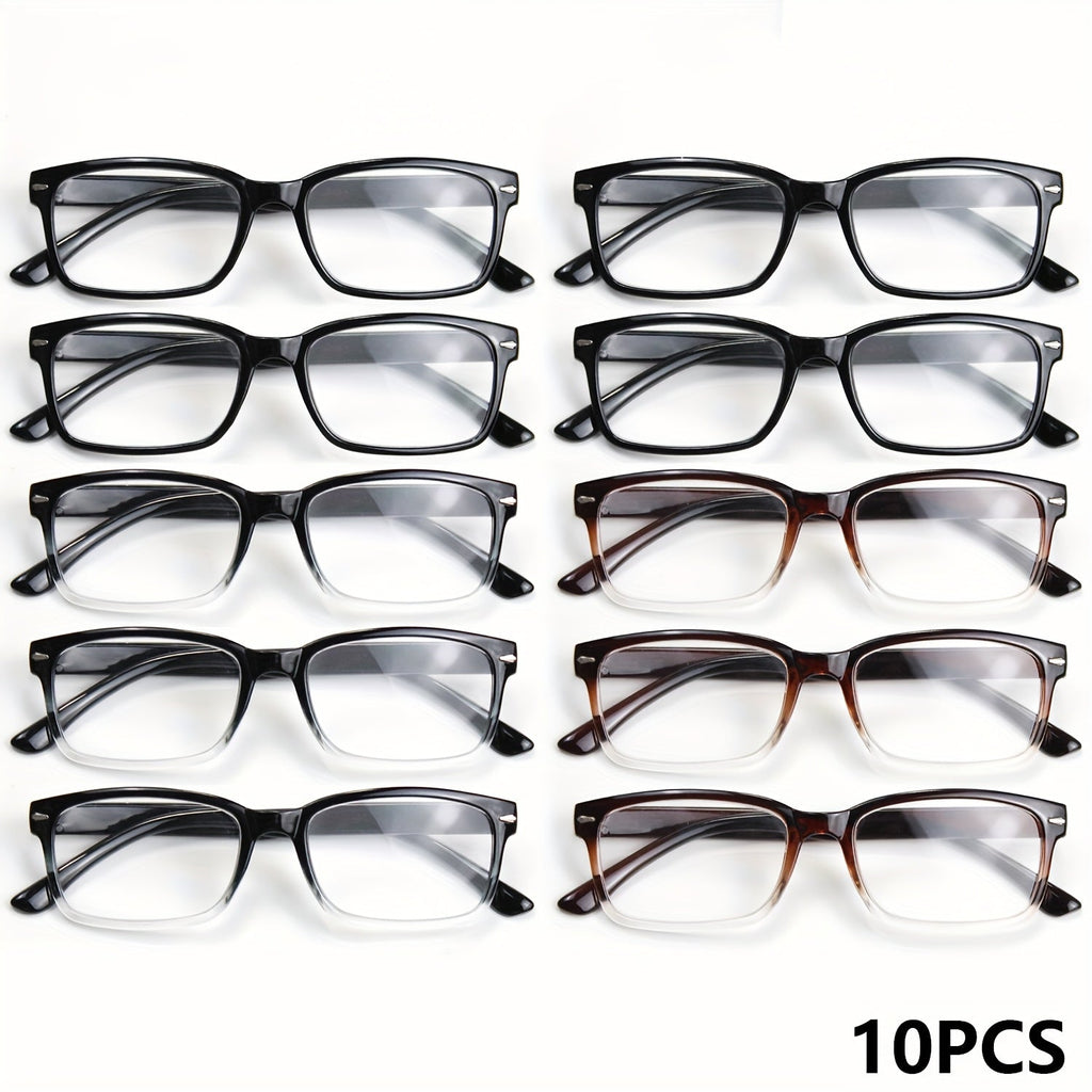 10-Pack Reading Glasses for Men & Women - Ultra-Light Square Frame Readers with HD Clear Lenses, Vintage Metal Accents, Strengths +1.0 to +4.0 for Home Office & Everyday, Great Gift for Seniors