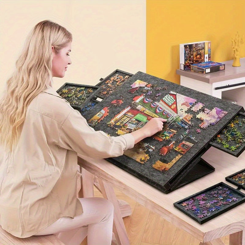 1000pcs Puzzle Table 2-in-1 Tilting Design with Stand Lid & 6 Drawers Ultralight Portable Puzzle Board for Adults Ergonomic Jigsaw Puzzle Accessory Gift for Puzzle Lovers – Natural & Grey