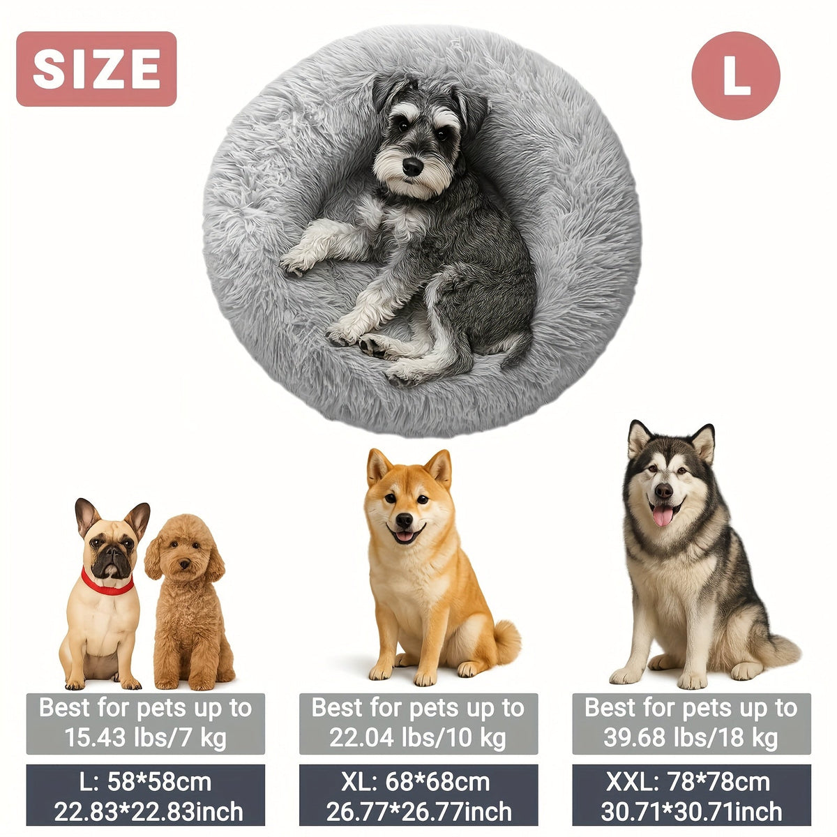 Donut Dog Bed & Cat Bed Soft Faux Fur Plush Round Pet Cushion - Warm Fluffy Calming Dog Crate Mat for Small Medium Large Dogs & Cats, Multiple Sizes 15"-31"